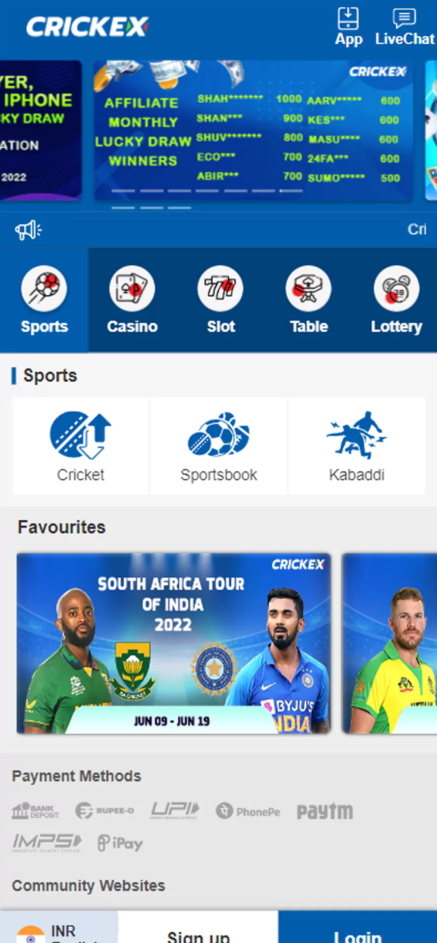 The sports betting section of the Crickex app.