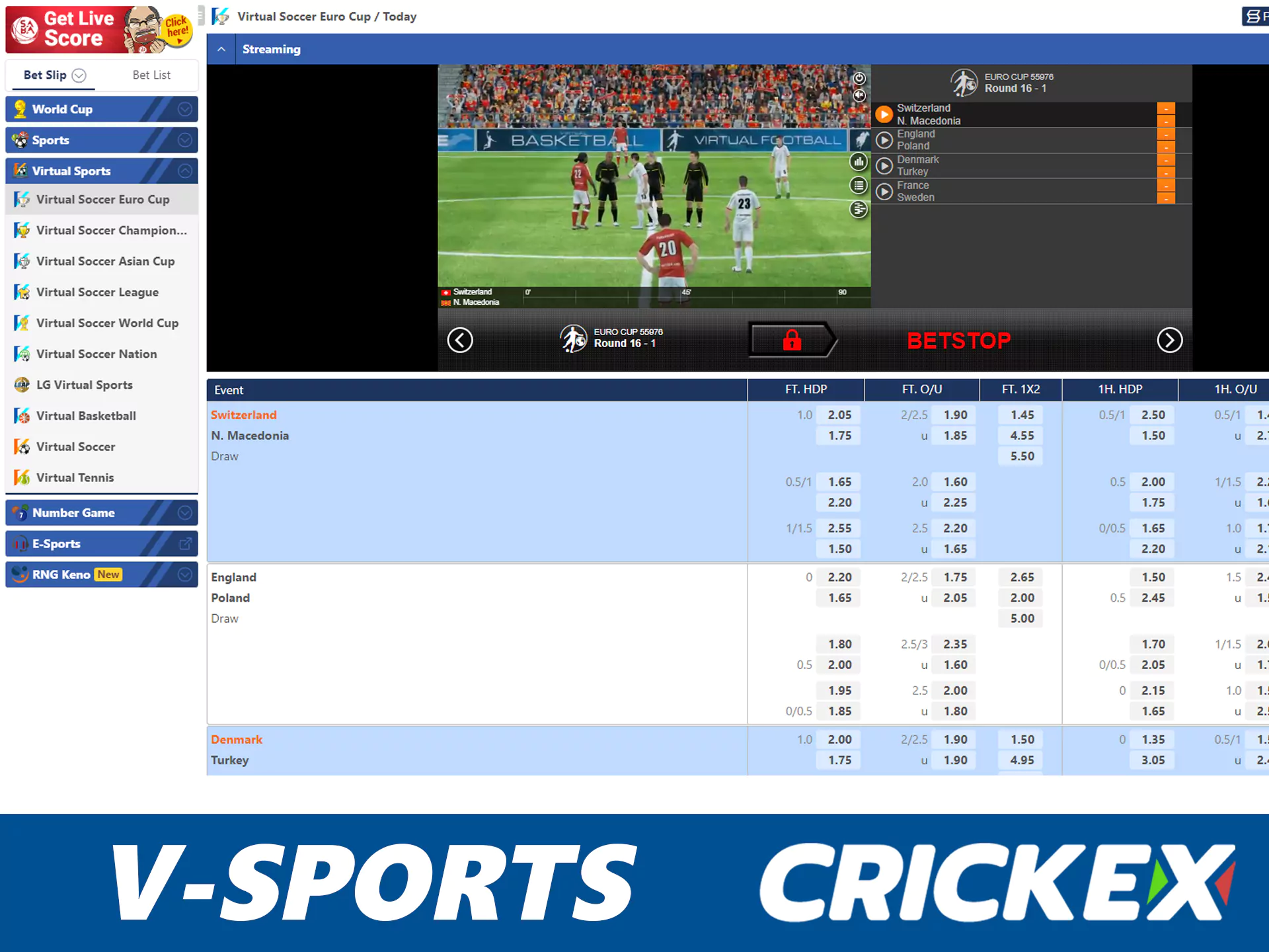 Vsports मैच देखें और Crickex पर बेट लगाएं।