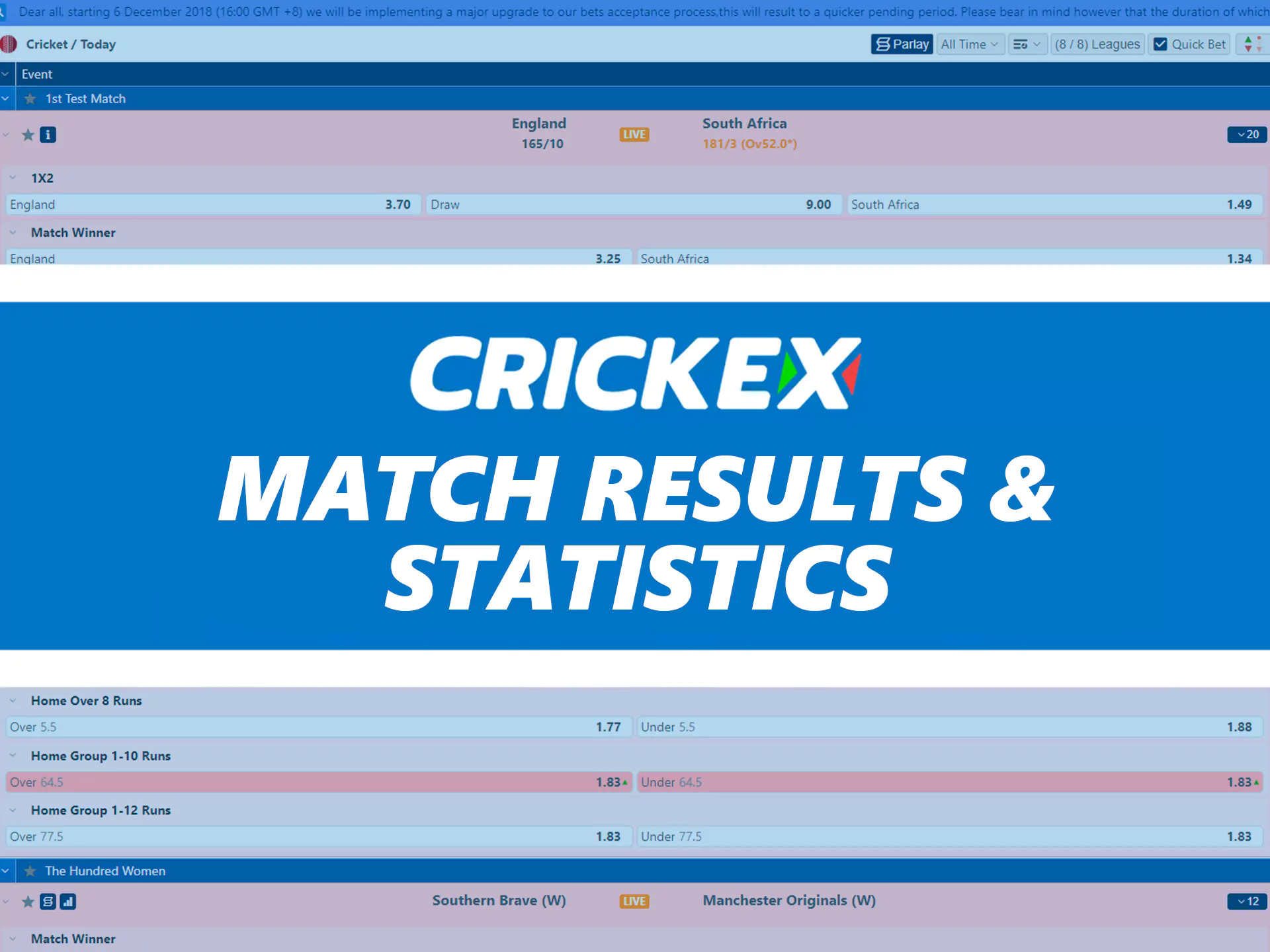 Crickex सट्टेबाजी के विस्तृत आँकड़े और मैच के परिणाम प्रदान करता है।