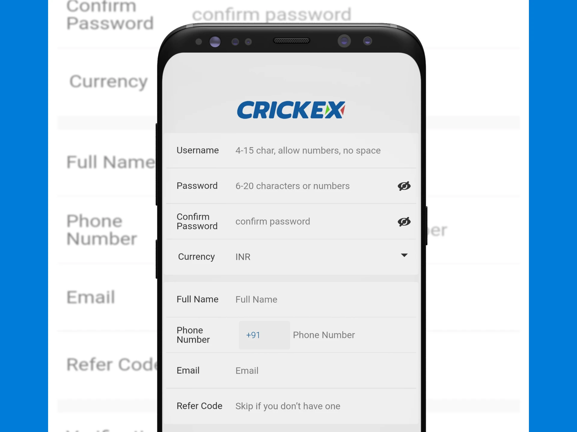 Fill in your personal details in the Crickex mobile app.